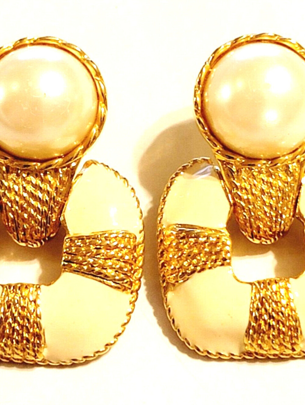 Vintage Pierced Statement Earrings, Faux Pearl Enamel Door Knockers wp-11